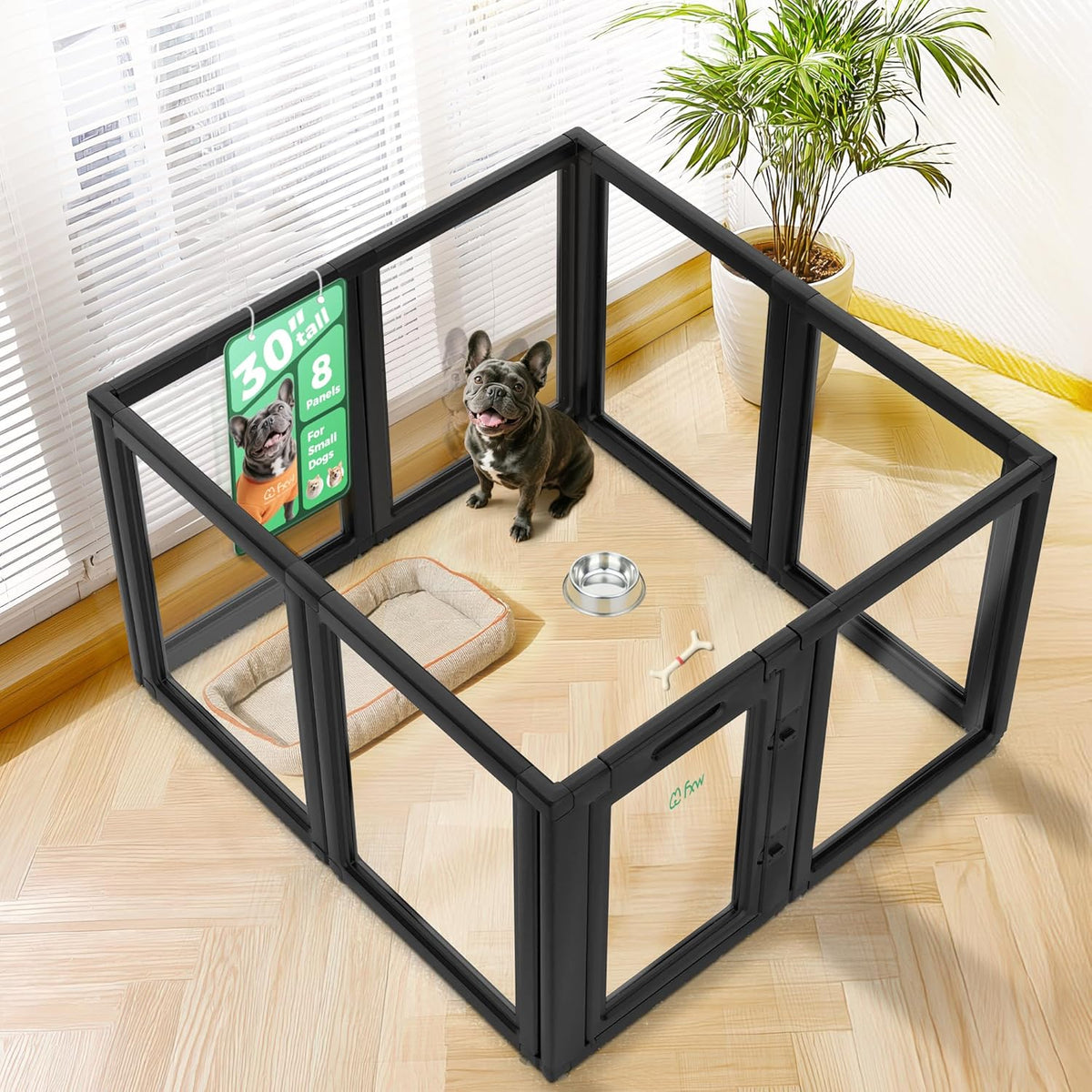 FXW AuraSpace Acrylic Indoor Unleashed Dog Playpen for Small and Medium Dogs, 30 Inch, 8 Panels, Black