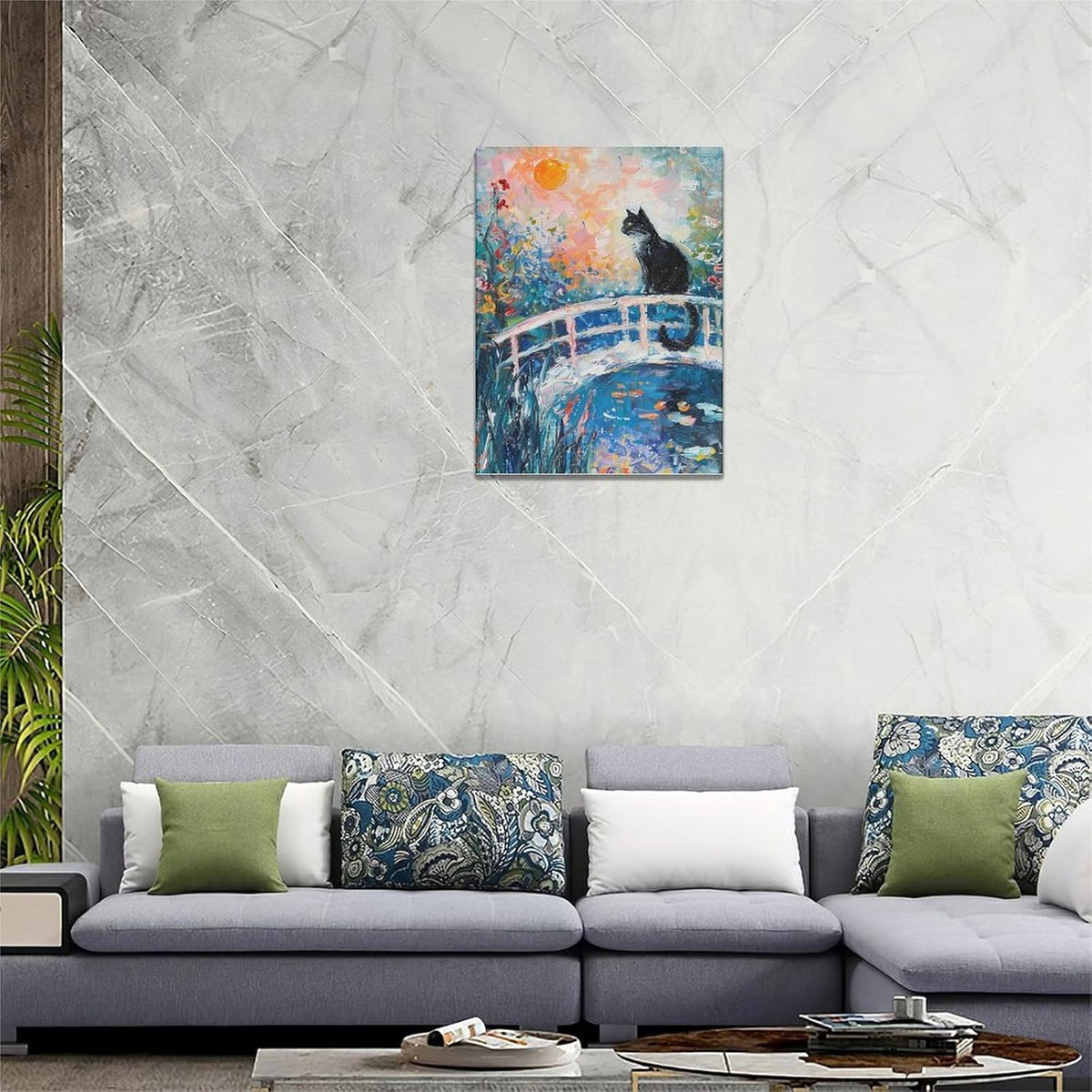 Quorin Black Cat Wall Art Water Lily Sunset Pictures Cat Wall Decor Impressionism Canvas Print Painting Artwork for Bathroom Living Room Bedroom 12"x16"
