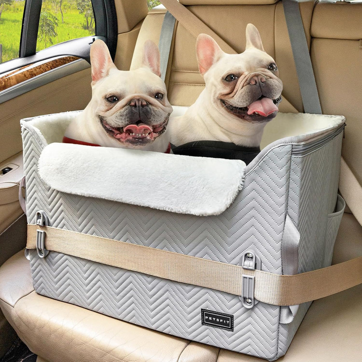 PETSFIT Dog Booster Car Seat, Waterproof PU Leather Car Seat for Dogs with Patented Safe Buckles, 2 Clip-On Safety Leashes, Suitable for 2 Small Dogs or a Medium Dog (Medium, Grey)