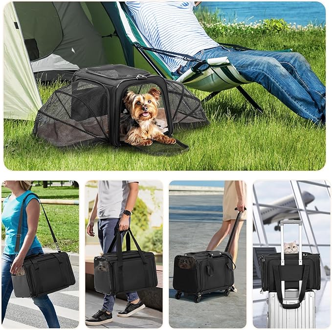 A4Pet Airline-Checked Pet Carrier with Wheels(Removable) & Retractable Handle - Soft Cat Carrier, Small Dog Carrier, Fits Under Airline Seats, 15lb Capacity, Pet Carrier for Cats/Small Dogs