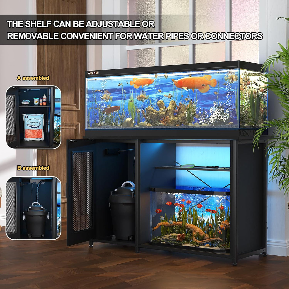 55-75 Gallon Fish Tank Stand with Power Outlets & LED Light, Reversible Heavy Duty Metal Aquarium Stand with Cabinet for Fish Tank Accessories Storage, Turtle/Reptile Terrariums, Black