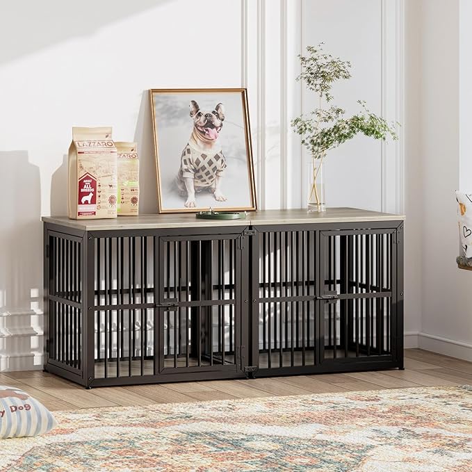 Lyromix 27'' Dog Crate Furniture with 3 Doors,Wooden Crate End Table Heavy Duty Indoor Puppy Cage for Small Dogs, Multiple Units Can be Combined, Grey