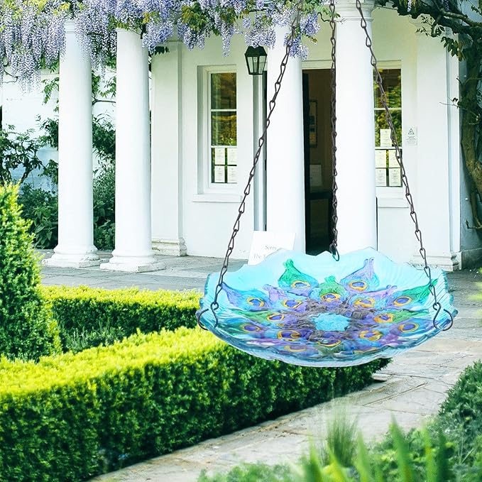 MUMTOP Hanging Bird Bath - Bird Baths for Outdoors, Peacock Glass BirdBath Outdoor Birdfeeders for Garden and Patio Decor