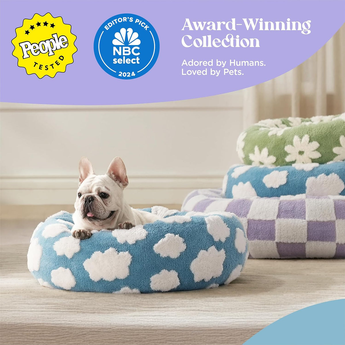 LE SURE Cat Beds for Indoor Cats - Round Cat Bed Donut Small Dog Bed Calming Pet Beds, Cute Modern Beds with Jacquard Shaggy Plush & Anti Slip Bottom, 20 Inch, Purple