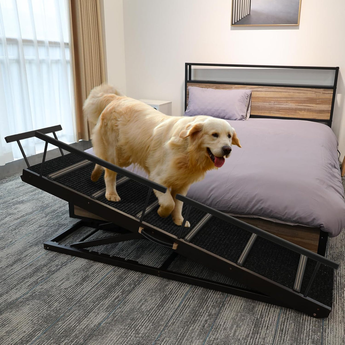 Pet Ramp Folding Portable Wooden Dog & Cat Ramps for Couch or Bed, Including Non Slip Mat & Safety Side Rails, 64.2 Inch Long and Height Adjustable from 13.4 Inch to 38 Inch Up to 110 Lbs