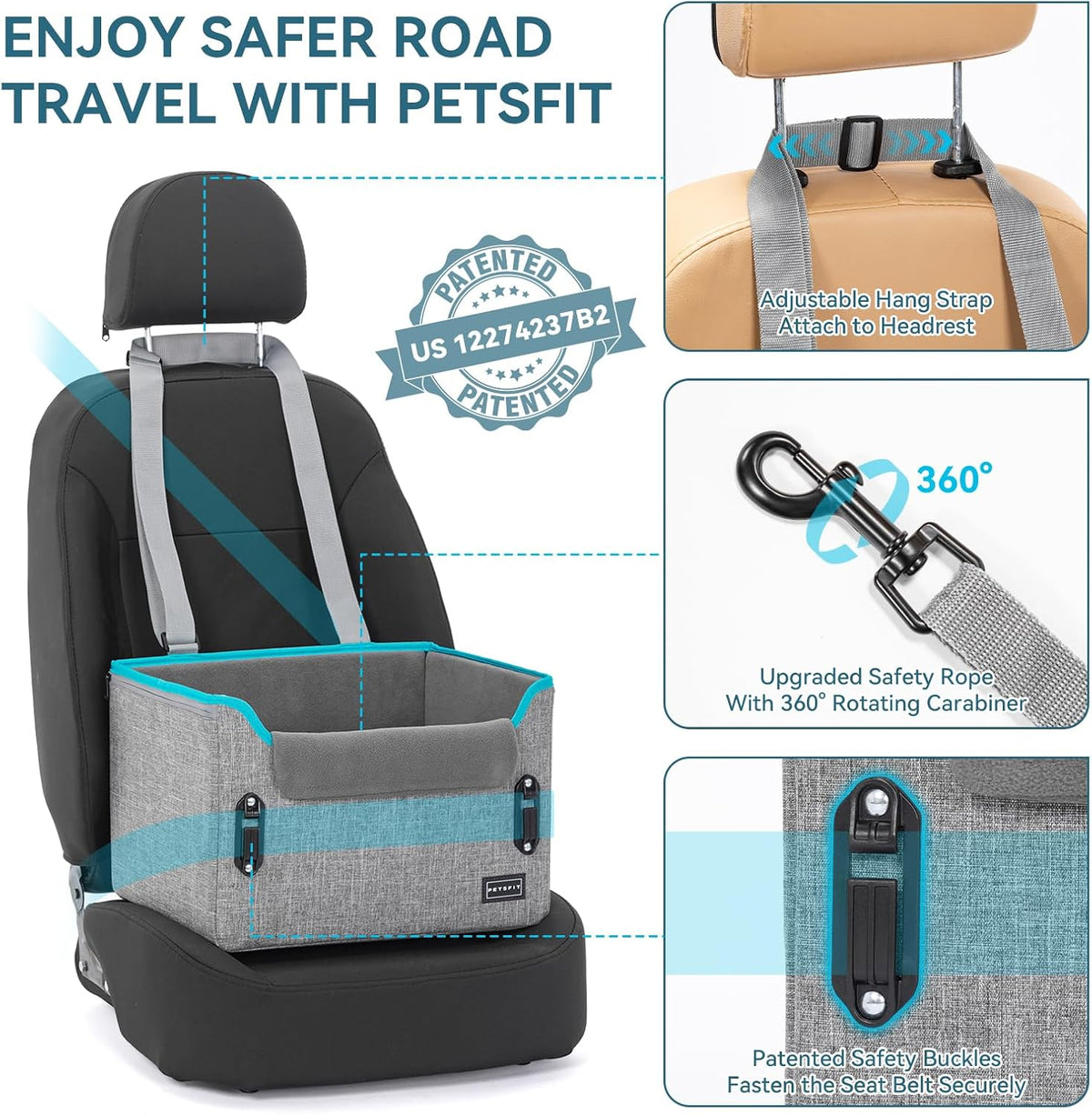 PETSFIT Dog Car Seats for Small Dogs, Patent Safety Buckles Dog Booster Car Seat, Dog Carseat with Safety Belt, Suitable for Small Pets Up to 25lbs (Grey)