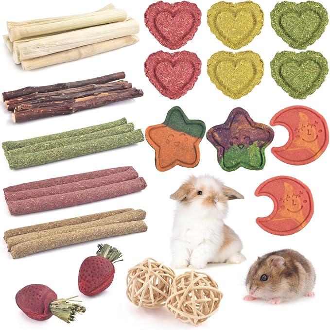ERKOON 33PCS Bunny Chew Toys for Rabbits Teeth, Natural Rabbit Toys Apple Wood Sticks, Carrot, Timothy Grass Treats for Small Pets, Hamster, Chinchilla, Guinea Pig Dental Care and Treat Teething Toys