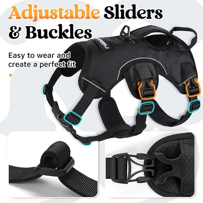rabbitgoo Escape Proof Dog Harness, Soft Padded Full Body Pet Harness, Reflective Adjustable No Pull Vest with Lift Handle and Leash Clip for Large Dogs Walking Hiking Training, M, Black