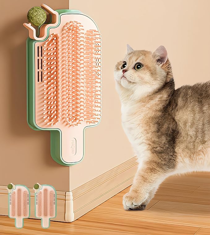 Catnip Toys for Indoor Cats 2 Pack, Stick on Wall Cat Brush with Catnip Ball Toys, 2 in 1 Massage & Self Groomer, Corner Brush