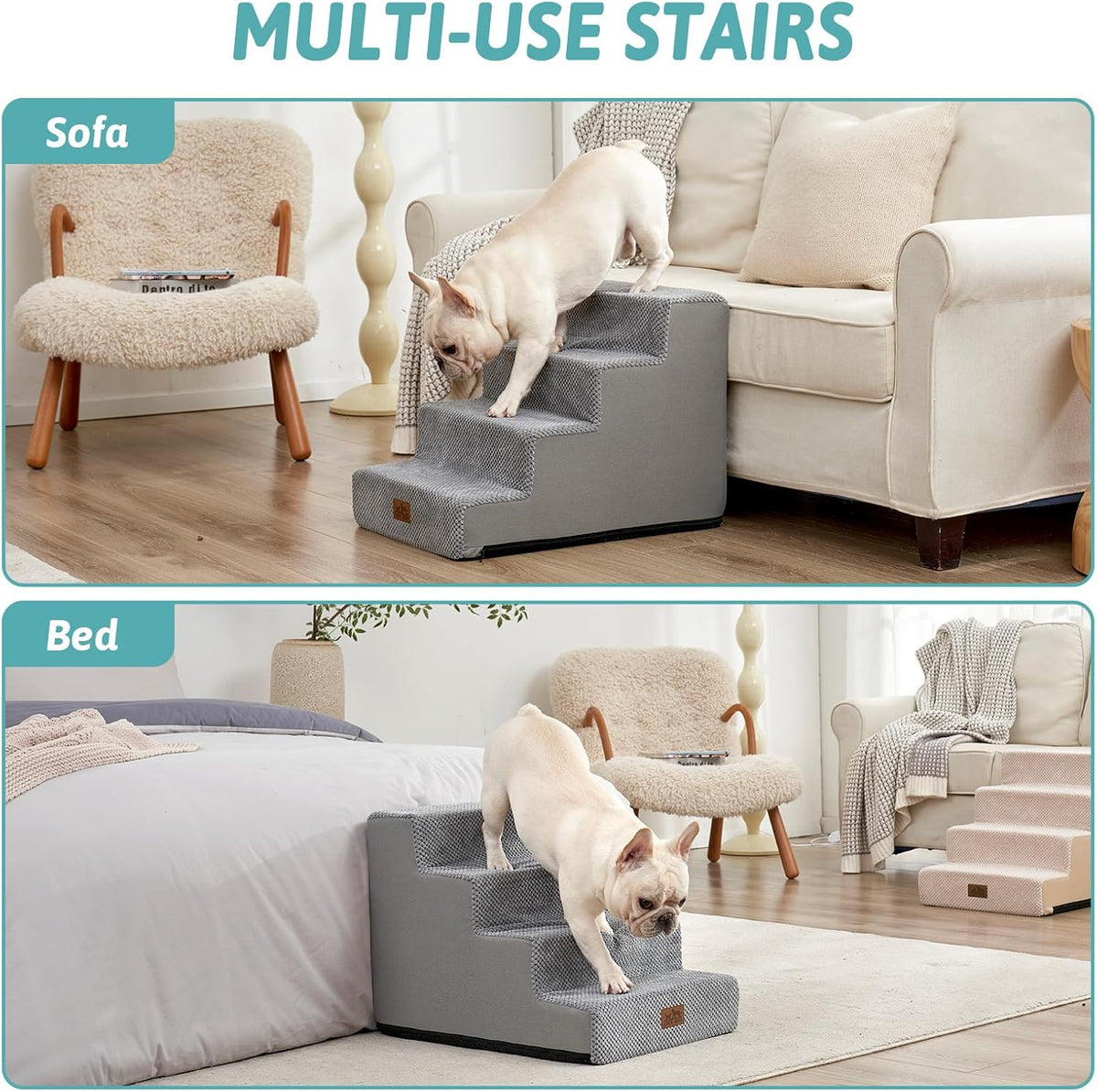 Dog Stairs for Small Dogs, 4 Tier Wider Pet Stairs for Couch and Beds, 17.7" H Non-Slip Dog Steps for Old Cats, Puppy, Small Medium Dogs, 17.7x23.6x17.7 inch, Grey