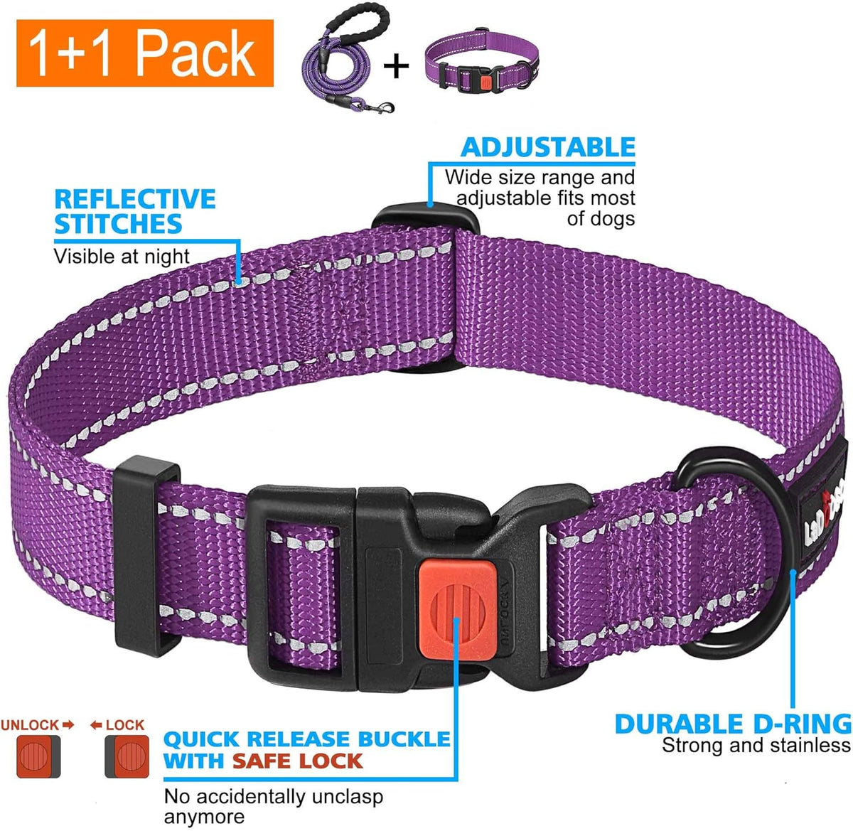 Heavy Duty Dog Leash - Comfortable Padded Handle, 5 ft Long - Dog Leashes for Small Medium Large Dogs (Leash+Collar L Neck 20"-25", Purple)