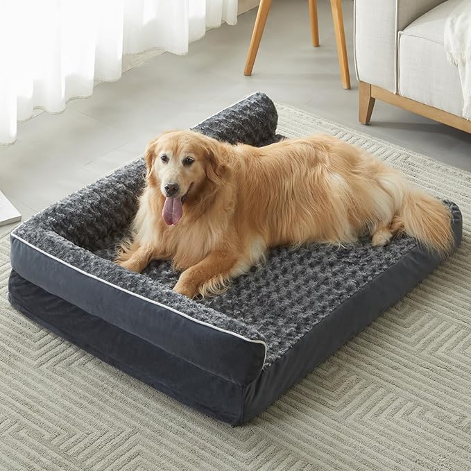 BFPETHOME Extra Large Orthopedic Dog Bed, L-Shaped Pet Bed for Dogs up to 100 lbs, Waterproof, Removable Washable Cover, Non-Slip Base, 48 x 35 x 7.5 inches, Dark Grey