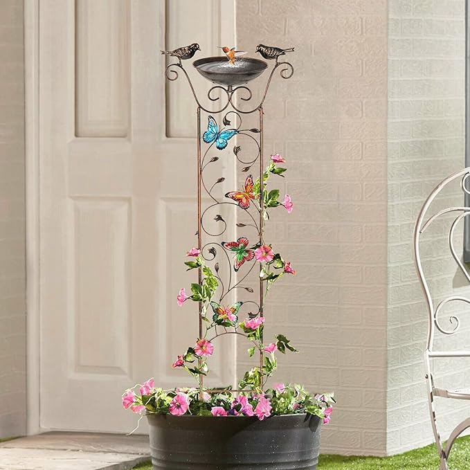 LEWIS&WAYNE Garden Trellis Bird Bath Outdoor, 40 Inch Antique Iron Garden Plant Trellis Decorative with Butterflies and Detachable Drinking Basin Bowl, Free Standing BirdBath Birdfeeder Station
