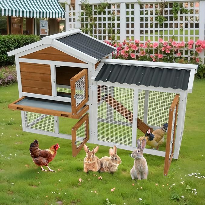 58" Wooden Outdoor Indoor Roof Waterproof Bunny Hutch Rabbit Cage Guinea Pig Coop PET House for Small to Medium Animals with Stairs and Cleaning Tray