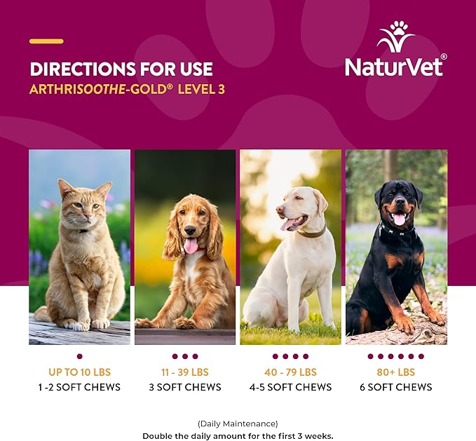 NaturVet ArthriSoothe-Gold Level 3 Advanced Joint Care for Dogs – Soft Chew Dog Supplement with Glucosamine, MSM, Chondroitin & Hyaluronic Acid – Wheat-Free Pet Supplements – 180 Ct.