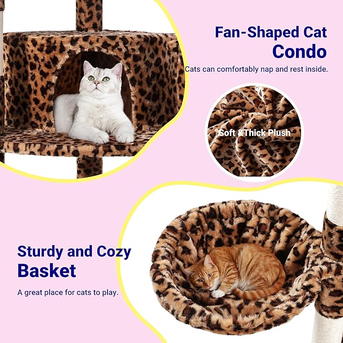 Allewie 73in Fan-Shaped Space-Saving Corner Cat Tower/Multi-Level Tall Cat Tree for Indoor Kitties/Cozy Baskets/Condos/House/Perches/Sisal Scratching Posts/Pet Activity Center/Leopard Print