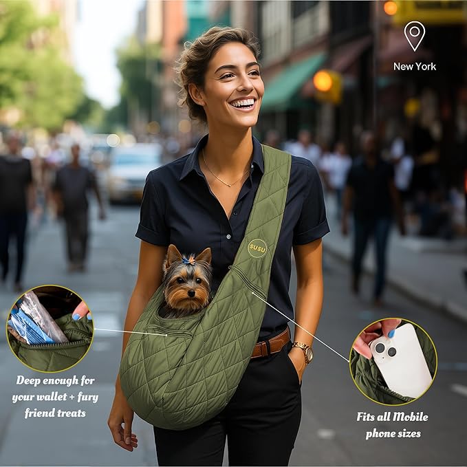 Small Dog Carrier Sling – Olive Green Hands‑Free 2‑in‑1 Sling & Handheld Carrier for Dogs up to 10 lbs, Parachute‑Grade Rip‑Stop Nylon, 4″ Padded Strap, Safety Tether & Pockets
