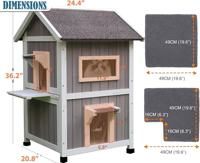 Rockever Outdoor Cat House, Large Outdoor Houses for Feral Cats with Self-Warming Mat Wooden Outside Cat Shelter Weatherproof with Escape Door