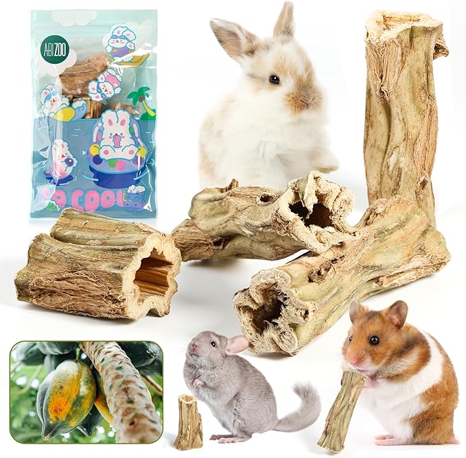 Abizoo Rabbit chew Toys for Bunnies,4 Pcs Natural Papaya Wood Chew Sticks Bunny Chews for Teeth Chinchilla Guinea Pig Hamster Gerbil Degu Small Animals to Keep Busy Molar Treats Toys