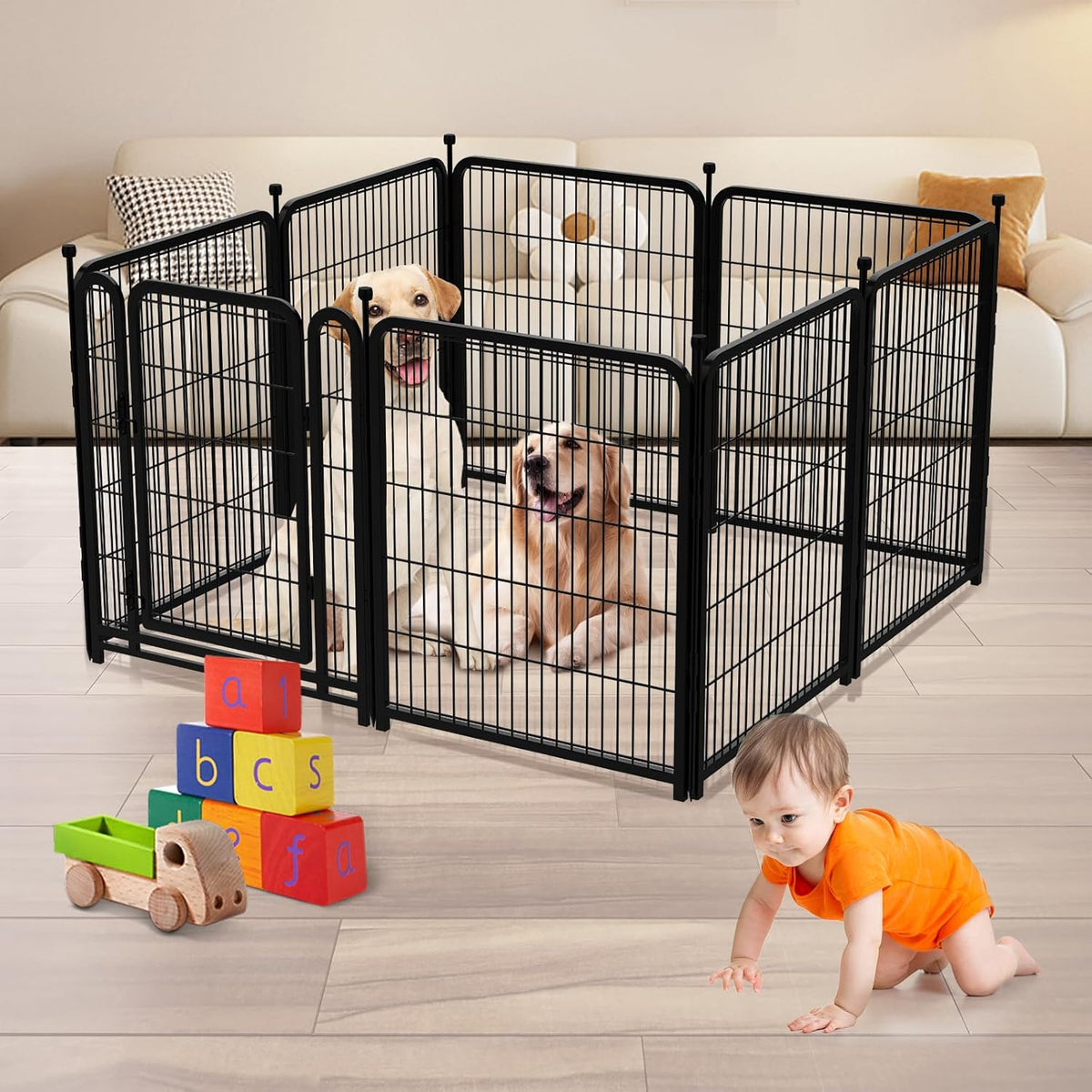 Dog Playpen 36inch 4 Panels, Puppy Playpen Indoors, Dog Fences Outdoor for Yard, Wide Door Low Threshold Garden Fencing for Medium/Large Pets. Black Pens Total 8.9 Ft(L)