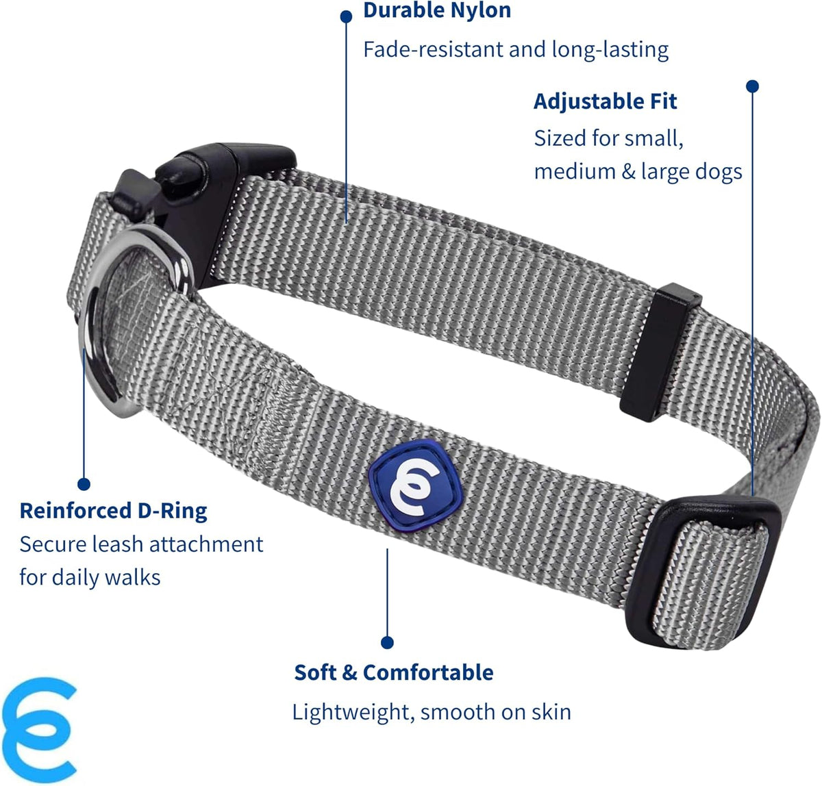 Blueberry Pet Essentials Medium Dog Collar in Flint Gray | Adjustable & Eco-Friendly Durable Nylon Strap | Classic Collar for Medium Dogs, Boy & Girl Pets