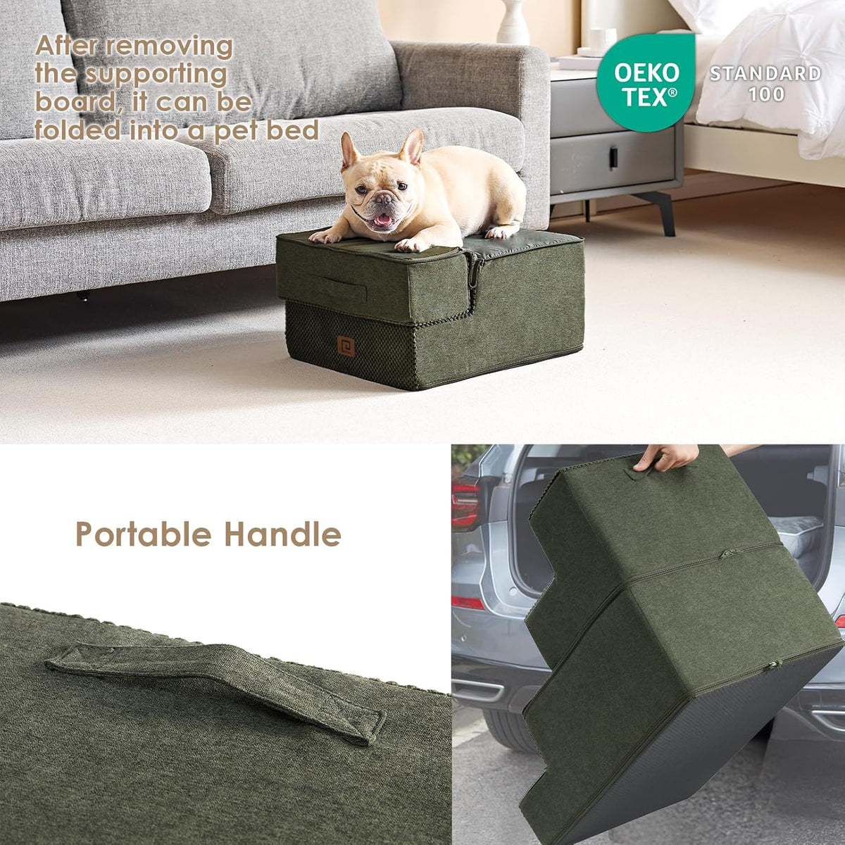 EHEYCIGA Dog Stairs for Small Dogs 13.5" H, 3-Step Dog Steps for Couch Sofa and Chair, Pet Steps for Medium Cats, Non-Slip Balanced Pet Ramp Indoor, Olive Green
