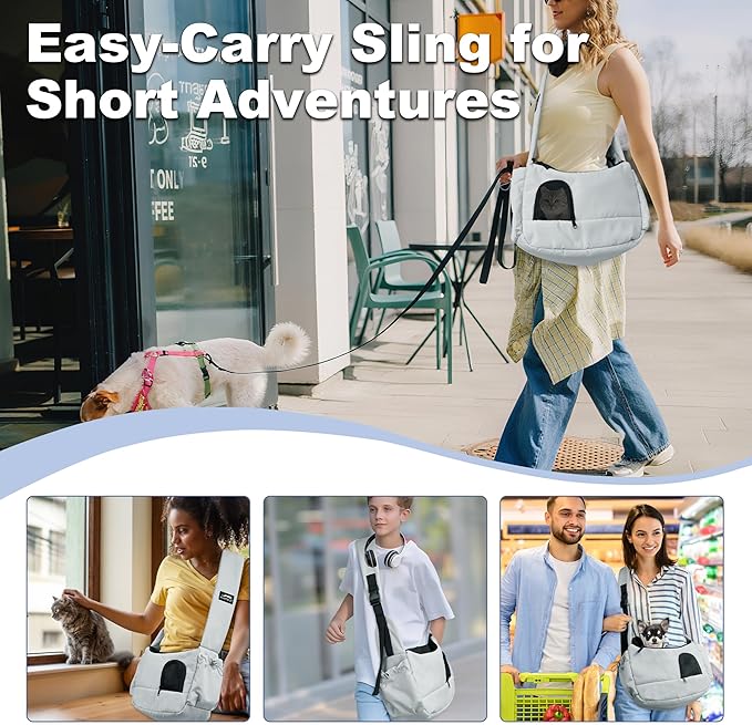 Cat Sling, Dog Carriers for Small Dogs up to 8.8 lbs Kitten and Puppy, Breathable Cats Carrier Pouch Pet Purse with Pockets, Hands-Free Pet Carrier with Safety Harness for Travel, Gray
