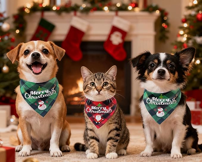Christmas Dog Bandanas 2PCS-Small,Classic Plaid Triangle Holiday Scarf with Santa and Snowman Prints,Winter Pet Outfit for Boys and Girls,Red Green Plaid Dog Costume for Small Dogs and Cats