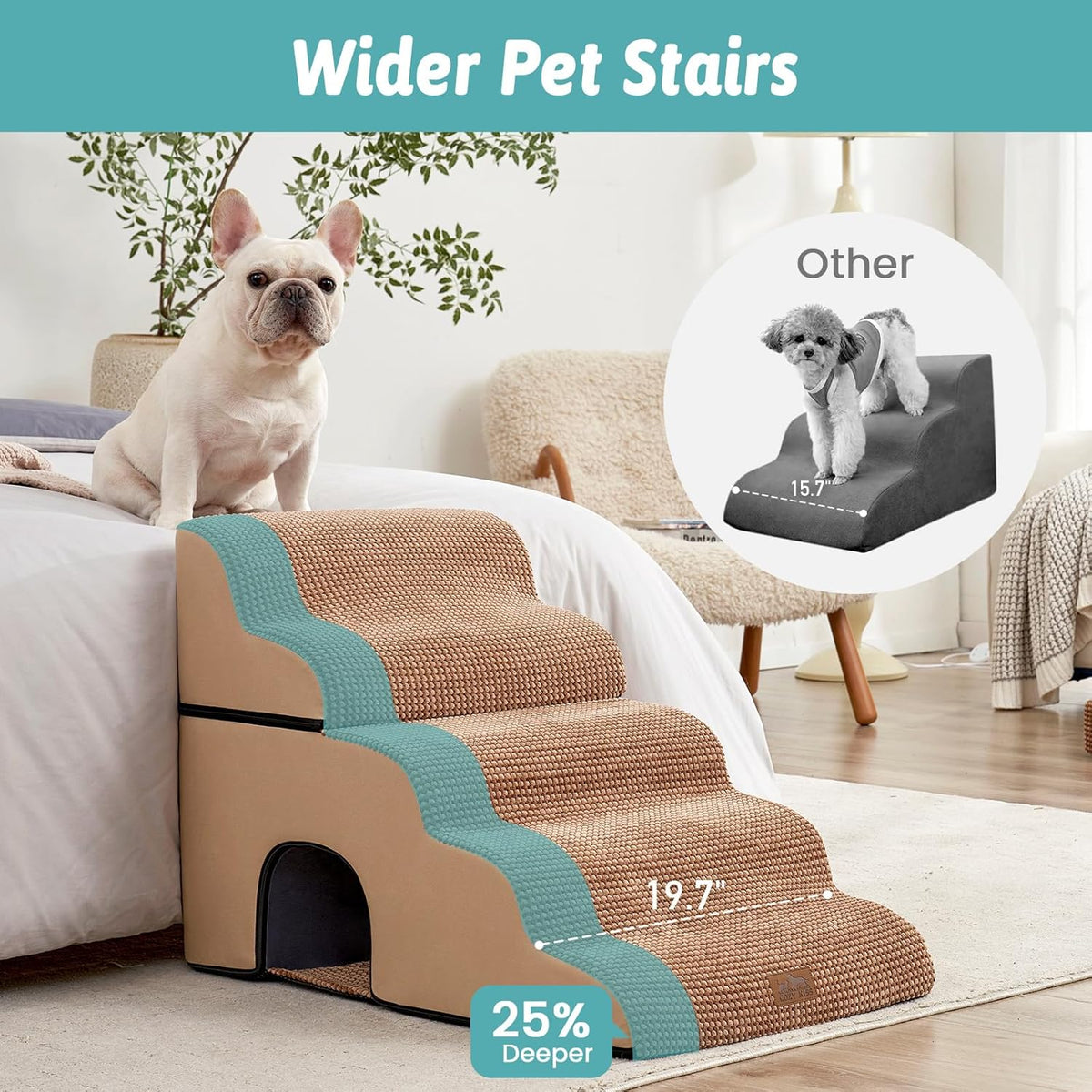 Extra Wide Dog Stairs with Tunnel, Detachable Large Pet Step for Small Medium Dog, Puppy or Cat, Ramp for High Bed, Couch, Sofa or Car, Stable, 19.7x33x22.4 inch, 5 Step, Light Brown