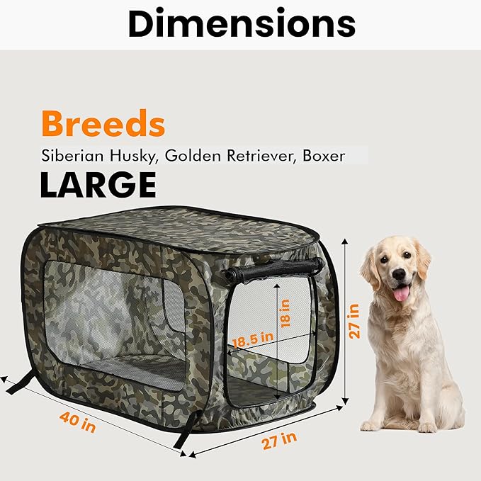 Beatrice Home Fashions Portable, Collapsible, Pop Up Kennel Travel Cat and Dog Crate, 40" L x 27" W x 27" H, Camo Green