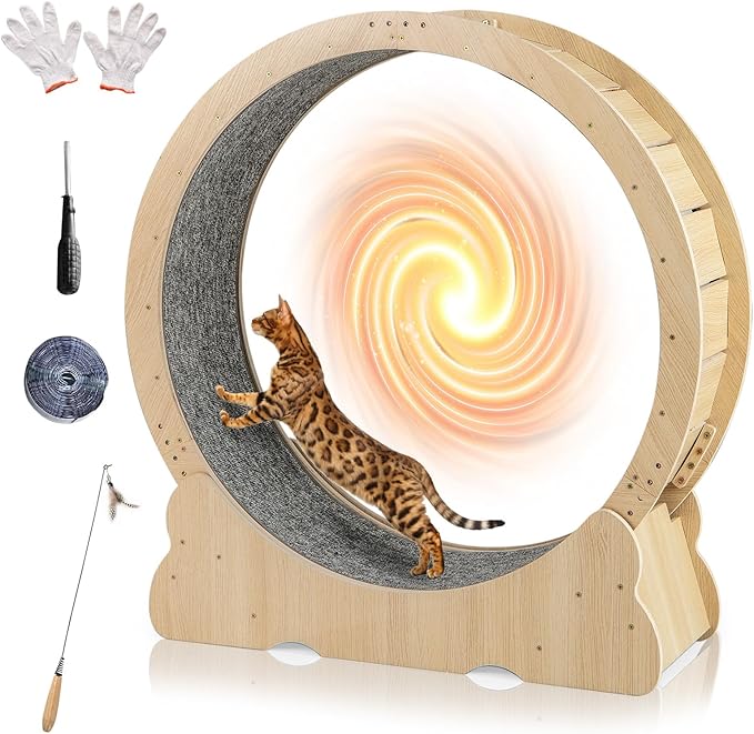 Tangkula Cat Wheel for Indoor Cats, 40 Inch Large Cat Exercise Wheel with Lockable Mechanism, Carpeted Runaway, Wooden Ultra Low Noise Running Treadmill with a Teaser Toy for Kitty Fitness