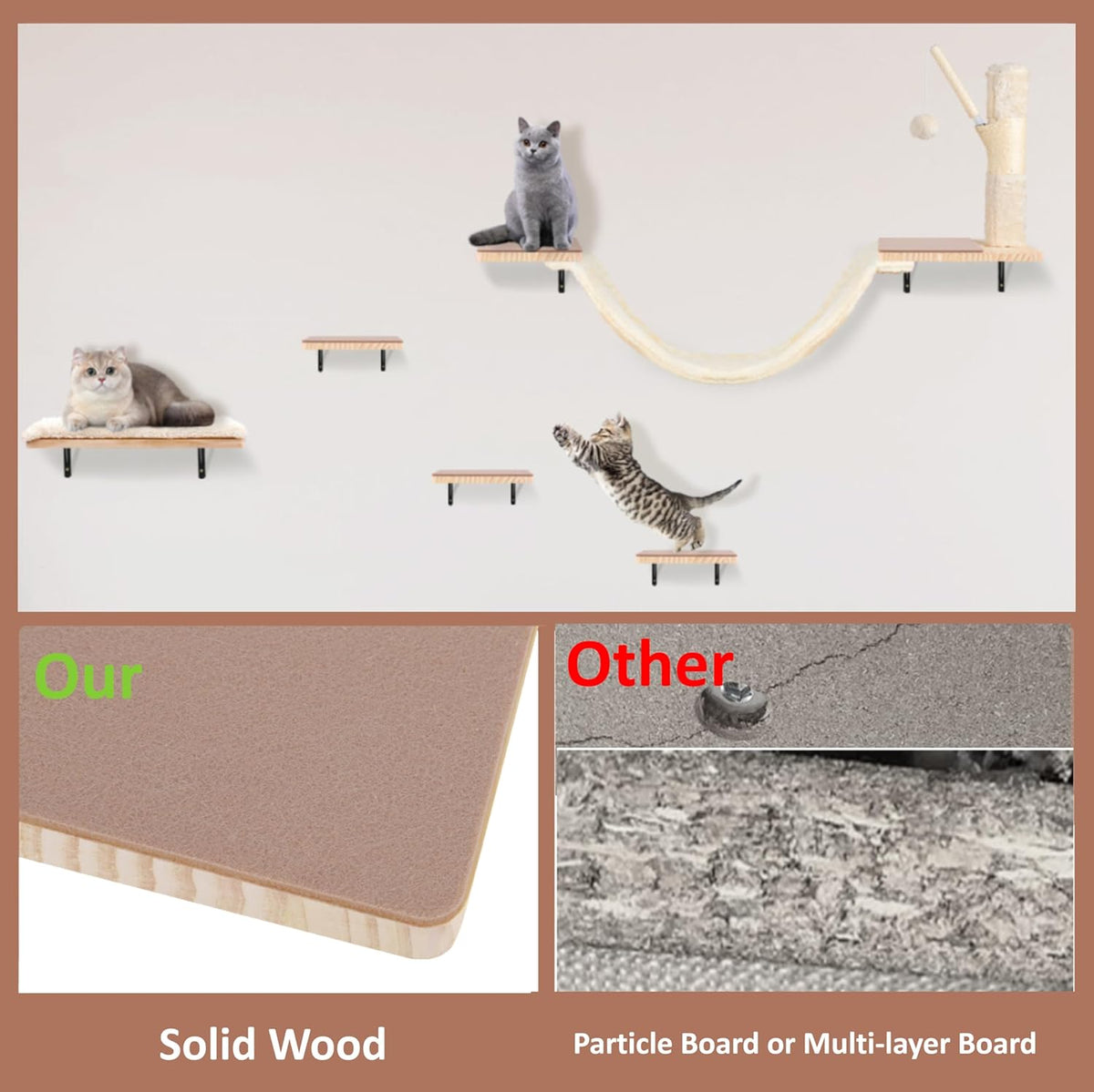 Wall Mounted Cat Climber Set, Cat Wall Shelves,Cat Wall Furniture Set,with Hammock,Jumping Boards,Sofa,Steps,Scratching Post,Hanging Ball and Felt Pads, Suit for Cats Climb, Jump,Scratch-Beige