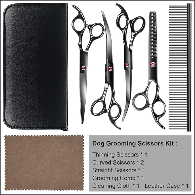 Professional Dog Grooming Scissors Kit Black 6 in 1, Dog Shears for Grooming 6CR Premium Stainless Steel Grooming Scissors Kit for Dogs Cat Pet