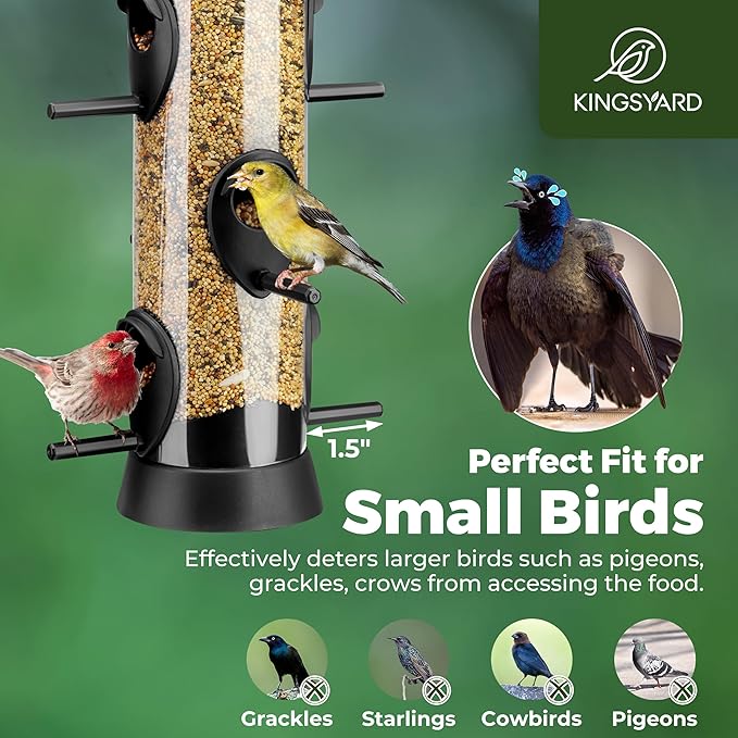 Kingsyard 2 Pack Tube Bird Feeder for Outdoors Hanging, Removable Base and Perch, 6 Feeding Ports - Easy to Clean, Premium Hard Plastic, Attracting for Finches Cardinals (Black)
