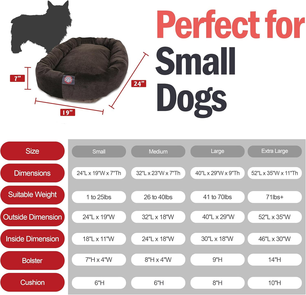 Majestic Pet Villa 24 Inch Shredded Memory Foam Dog Bed for Small Sized Dogs 24x19x7 Inch–Orthopedic Dog Bed - Durable Pet Bed - Washable Small Pet Bed with Head Support-Storm