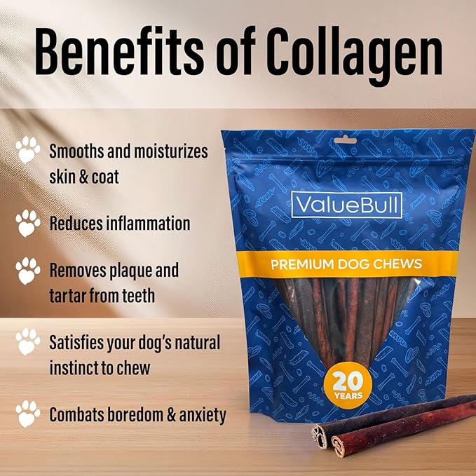 ValueBull Collagen Sticks for Dogs, 12 Inch Thick Chews, Natural Long-Lasting Dog Treats, 25 Count - Supports Joints, Skin & Coat with Chondroitin & Glucosamine
