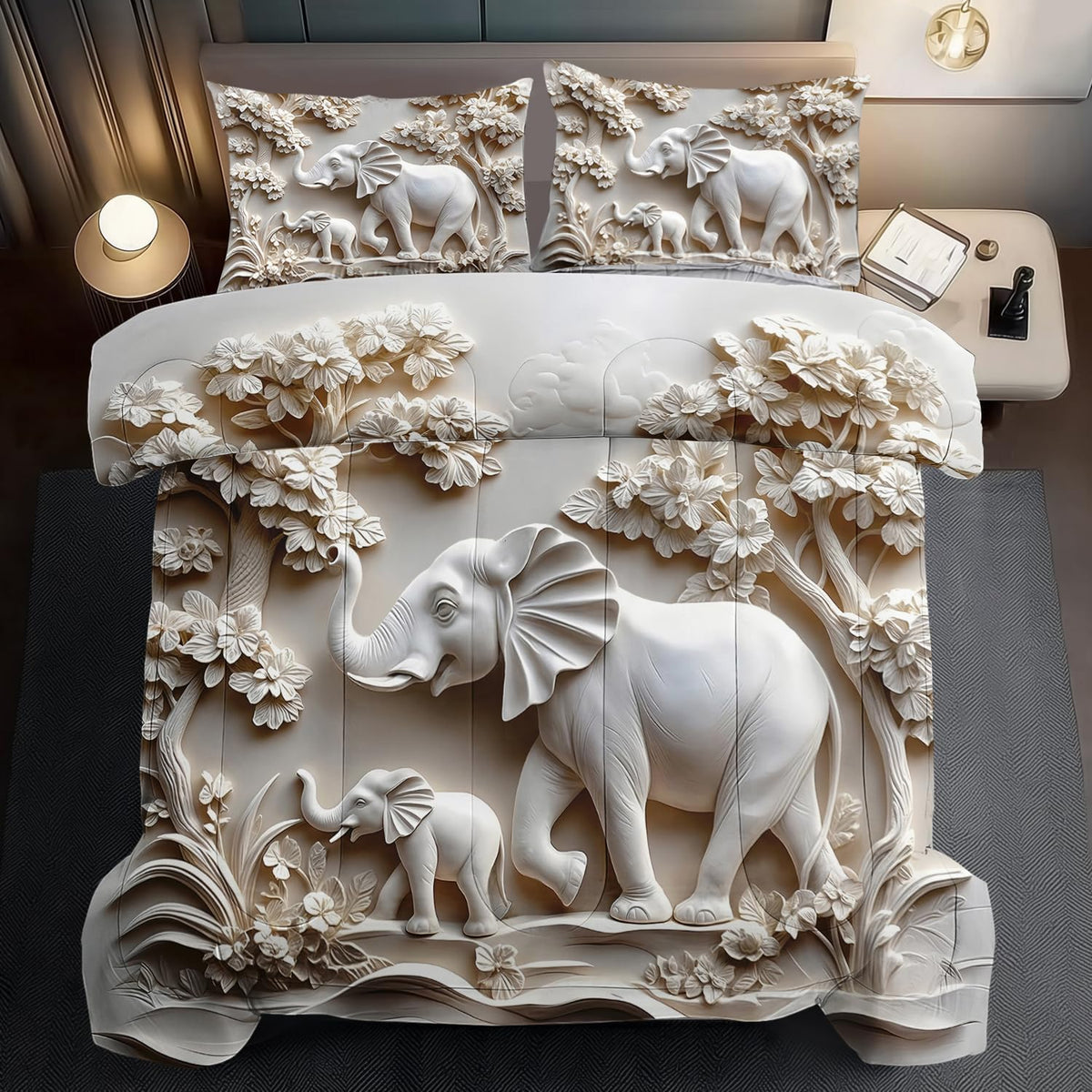 Elephant Comforter Set Queen Adult, White Animal Bedding Set Queen for Man, Cute Animal Comforter for Kids,Elephant Quilt Pattern White Bedroom Decor Womens, Relief Bedding