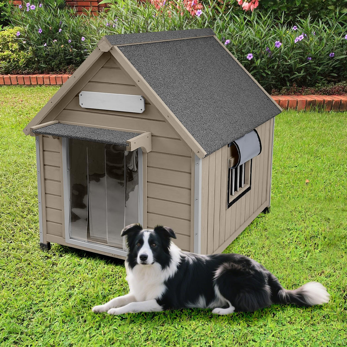 Large Dog House Outdoor Weatherproof, Wooden Dog Kennel Shelter with Anti-Chewing Iron Frame, Removable Floor for Medium to Large Dogs, Easy Clean and Assemble (30.5" L*37.4" W*39.3" H)