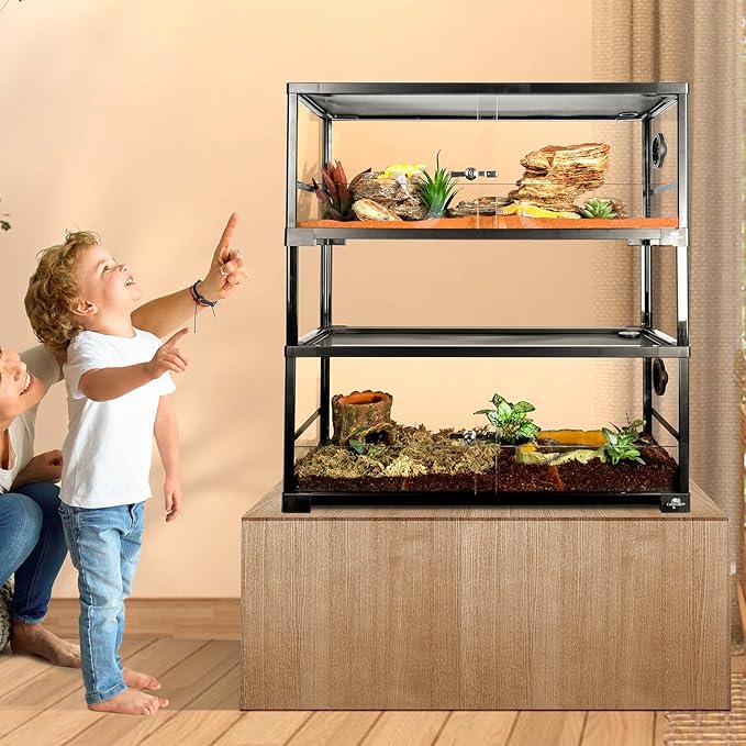 Double Stacked Reptile Tank, 30" x 12" x 32" Tall Reptiles Terrarium, Front Opening, Full Vision, Knock Down, 2 Pack 20 Gallon Glass Cage for Reptile, Bearded Dragon, Lizard, Snake, Gecko