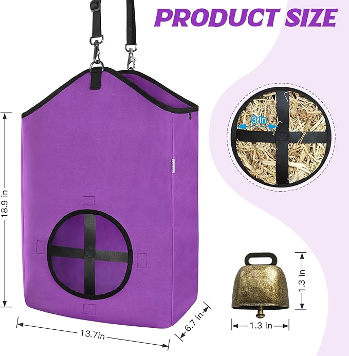 3 PCS Goat Hay Feeder,Hay Bags for Horses,Goats,Donkeys with Reinforced Oxford Fabric and High Strength Metal Clasp,Horse Feeding Supplies with Adjustable Strap for Easy Hanging (2Purple+1Grey)