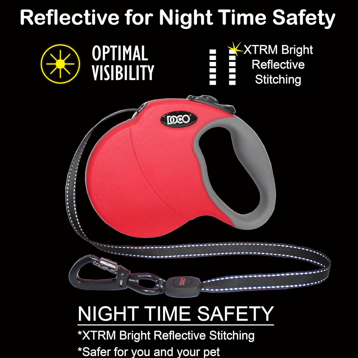 DOCO Retractable Dog Leash for Large Dogs (Length - 13ft, Weight - Upto 22lb) Reflective Tape Lead with Stop and Lock Control, Tangle Free 360° Swivel Snap & Anti-Slip Grip (Black, Small)