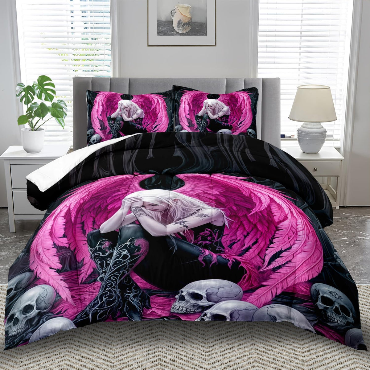 Gothic Skull Comforter Set Queen for Adults,Angel Wings Bedding Set Pink for Girls,Sexy Angel Comforter Bedroom Decor Teen,Gothic Skull Bedding Decor Pink Wings Quilt