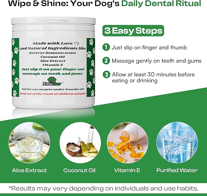 Dog Teeth Cleaning Wipes, Fights Plaque, Freshens Breath & Promotes Gum Health, No-Rinse Finger Toothbrush, Gentle & Naturally Safe, Completes Your Dog Tooth Brushing Kit, 50 Count