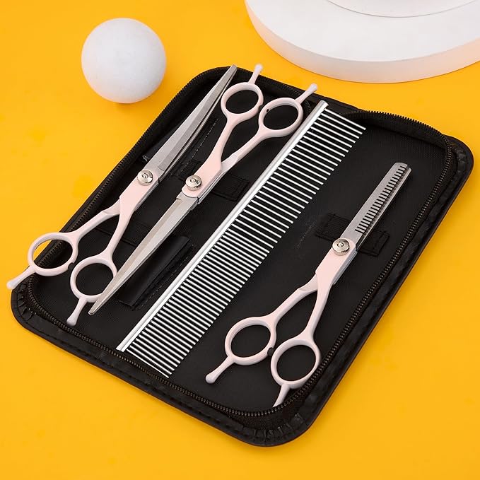 Dog Grooming Scissors Kit, Fcysy Professional Dog Trimming Scissors Set, Hair Cutting Curved Thinning Shears for Pet Cat at Home, Pet Grooming Supplies