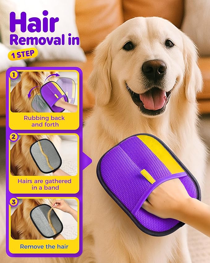 2025 Thickened Electrostatic Pet Hair Removal Gloves (2 Pcs) - Reusable Strong Grooming Gloves for Cats & Dogs, Hair Remover for Couch, Furniture, Carpet, Car Seats & Clothing (Purple)