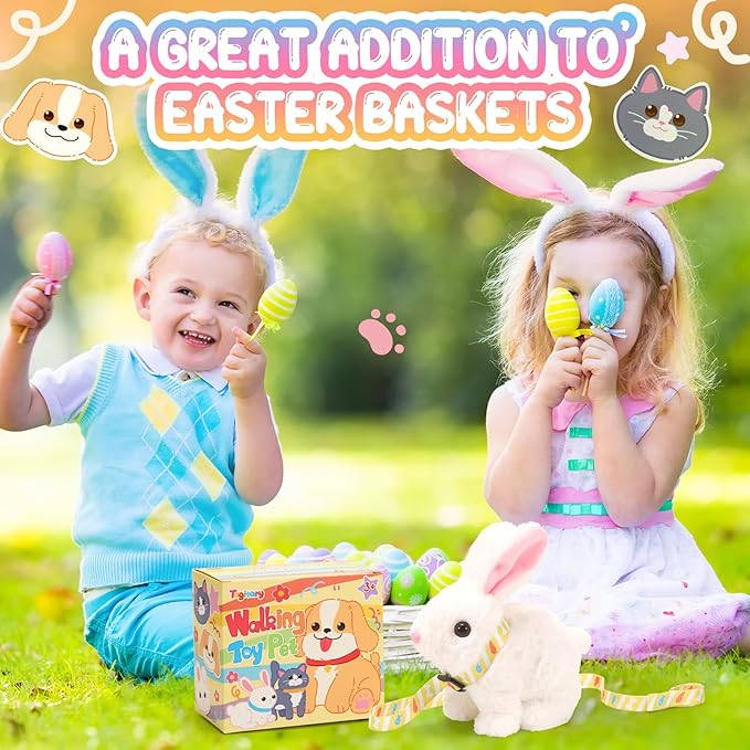 Tagitary Plush Toys Electronic Toy with Sounds,Wiggling Ears,Twitching Mouth and Nose, Interactive Rabbit Toy for Kids with Leash,Easter Christmas Birthday Gift for Toddlers Kids