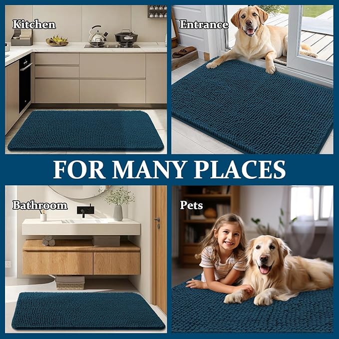 OLANLY Dog Door Mat Set 4-Piece 24x16, Absorbs Moisture and Dirt, Absorbent Non-Slip Washable Doormat, Quick Dry Chenille Mud Mat for Dogs, Entry Indoor Entryway Carpet for Inside Floor, Atlantic Blue