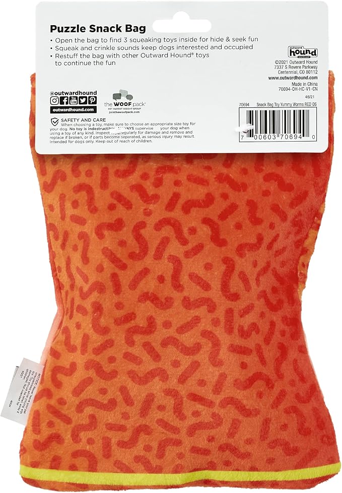 Outward Hound Snack Bag Yummy Worms Puzzle Squeaky Dog Toys