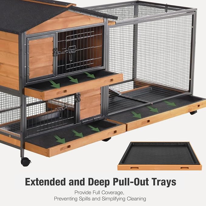 Indoor Rabbit Hutch with Metal Frame & Pull-Out Tray - Spacious Cage with Exercise Run Area for Rabbits (Orange, L)