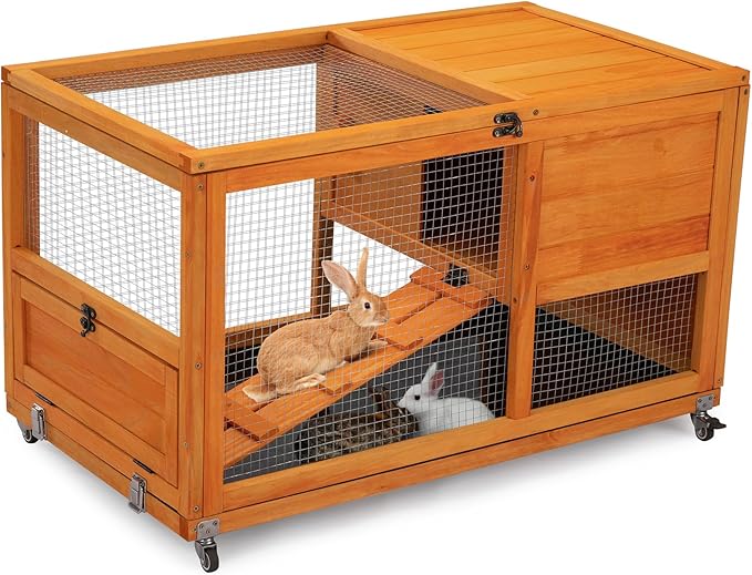 COZIWOW Fashionable Wood 36Inches Rabbit Hutch Indoor with Wheels Bunny Cage Outdoor Fashion Rabbit Cage with Clean Tray, Openable Roof, Anti-Slip Ramp for Small Bunny Rabbit (Orange)